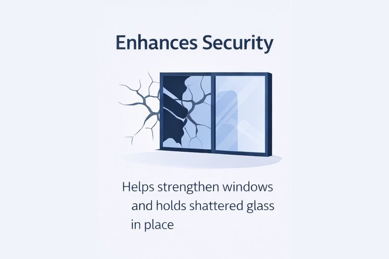 Enhances security — helps strengthen windows and holds shattered glass in place