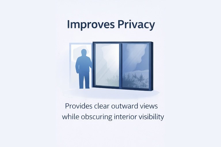 Improves privacy — clear outward views while obscuring interior visibility