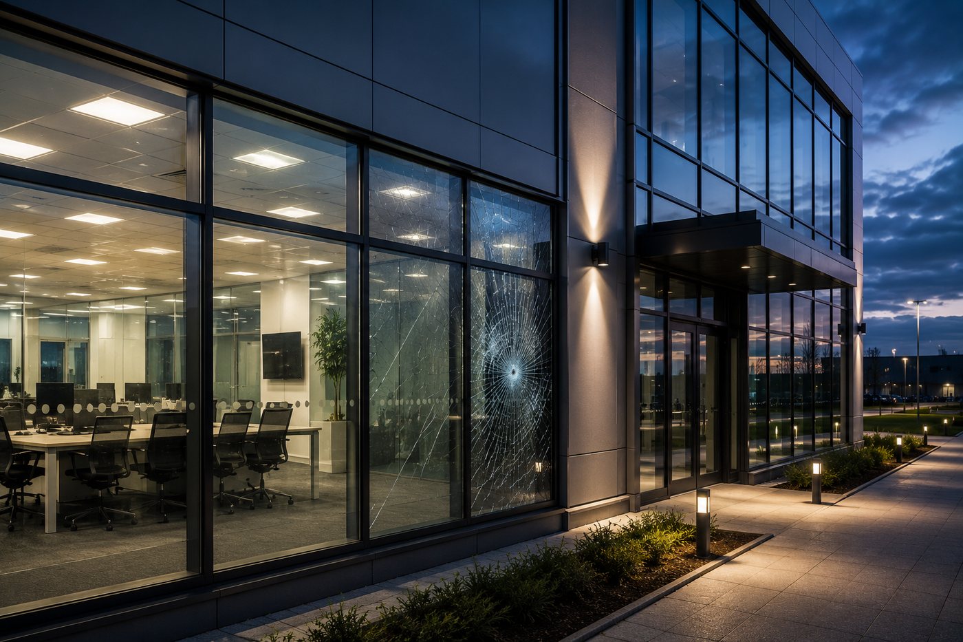 Security window film on the ground-floor glazing of an office building