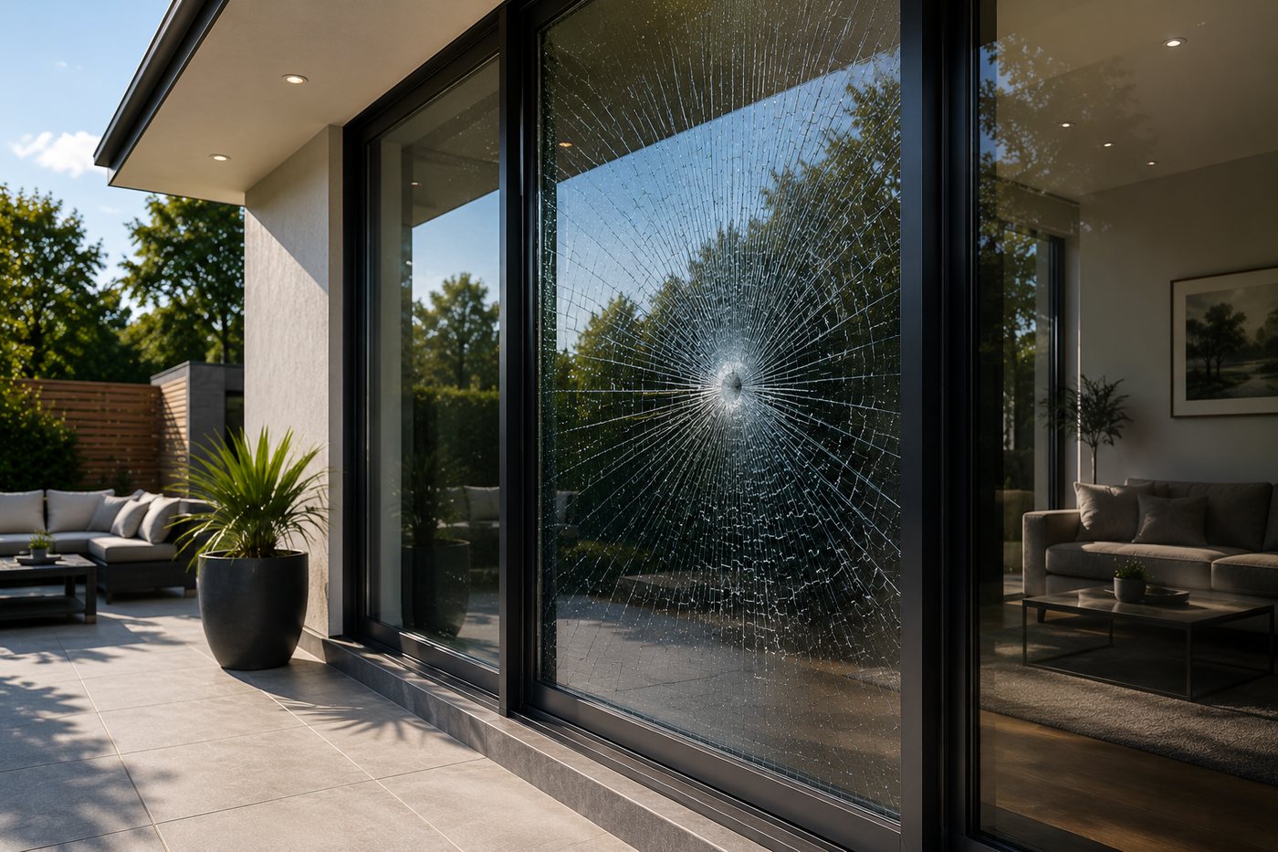 Security window film holding a broken patio door pane together